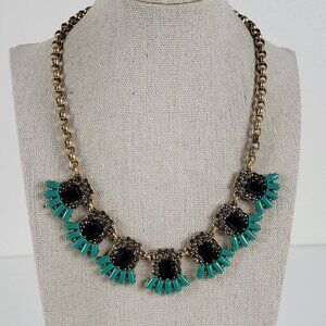 J. Crew Green Black And Clear Rhinestones Bib Necklace 20 In Gold-Tone